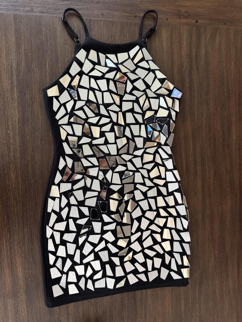 Glam Mirror Mosaic Sequin Dress Womens S/M Black Disco Party Club Festival